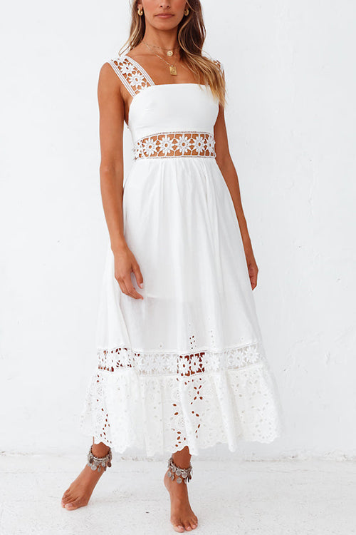 Square Neck Sleeveless Eyelet Lace Crochet Waist Midi Dress - View 10