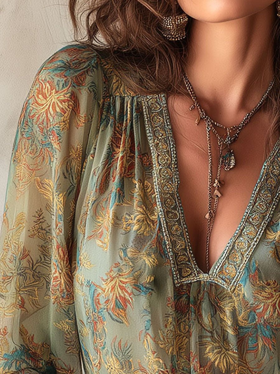 Boho Floral Sheer Chiffon Blouse With Lace Accent - Fashionpara