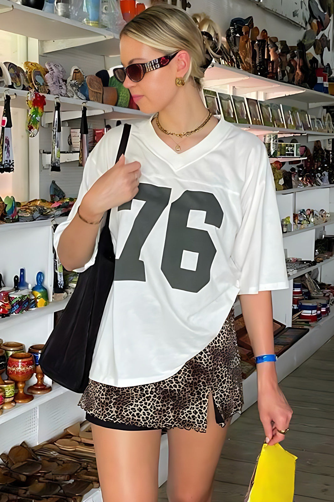 Off Shoulder Short Sleeve Number Print Oversized Top 5