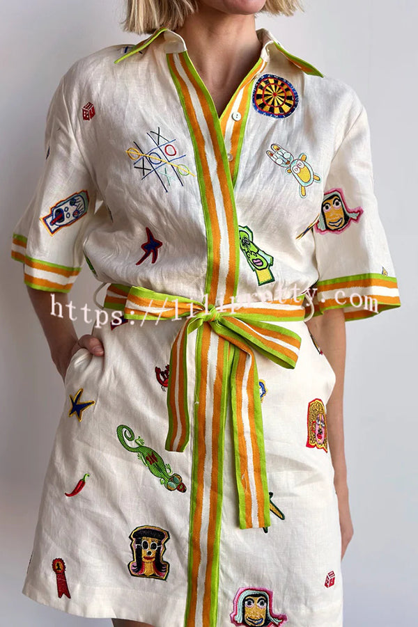 Britt Linen Blend Unique Printed Short Sleeved Pocket Tie Waist Mini Dress - Fashionpara