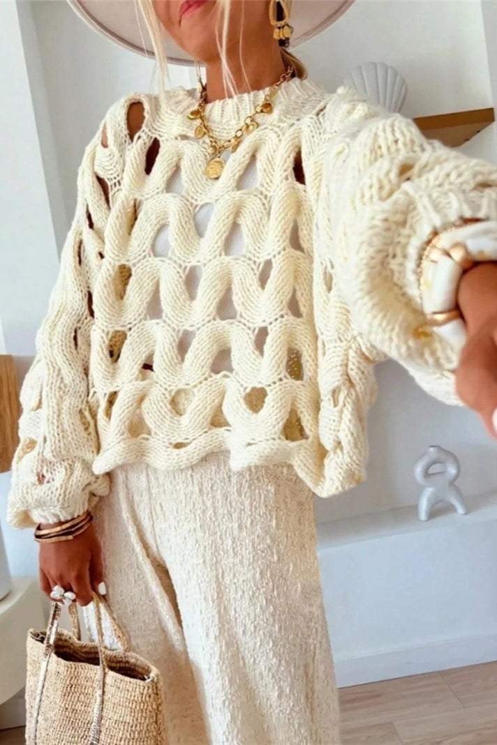 Openwork Leaf Texture Crew Neck Knit Sweater 5