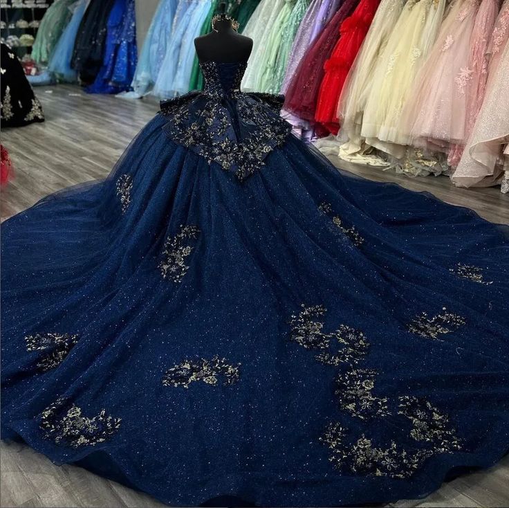 Navy Blue Sparkly Princess Quinceanera Dresses Applique Peplum Corset vestido de 15 quinceañeras Sweet 16 Ball Gown - Fashionpara