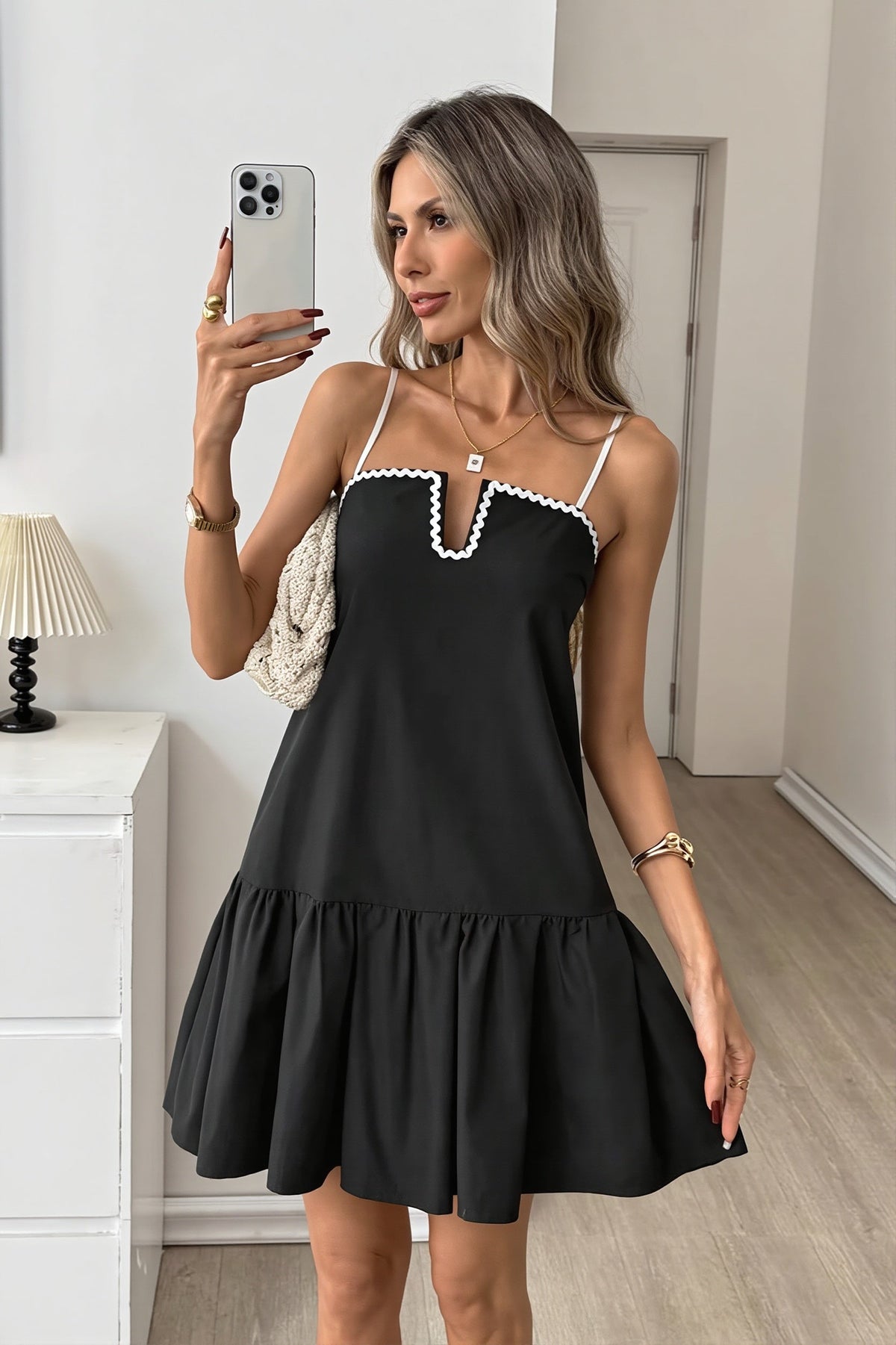 Notch Neck Ric Rac Trim Ruffle Hem Mini Dress 9