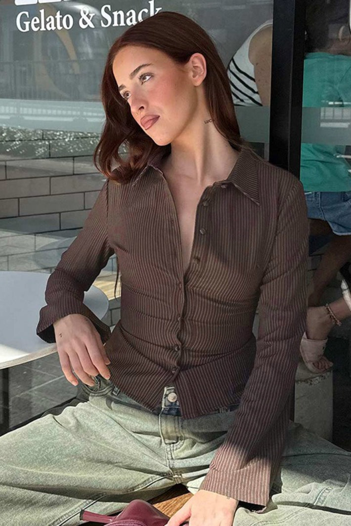 Covered Button Polo Stripe Blouse