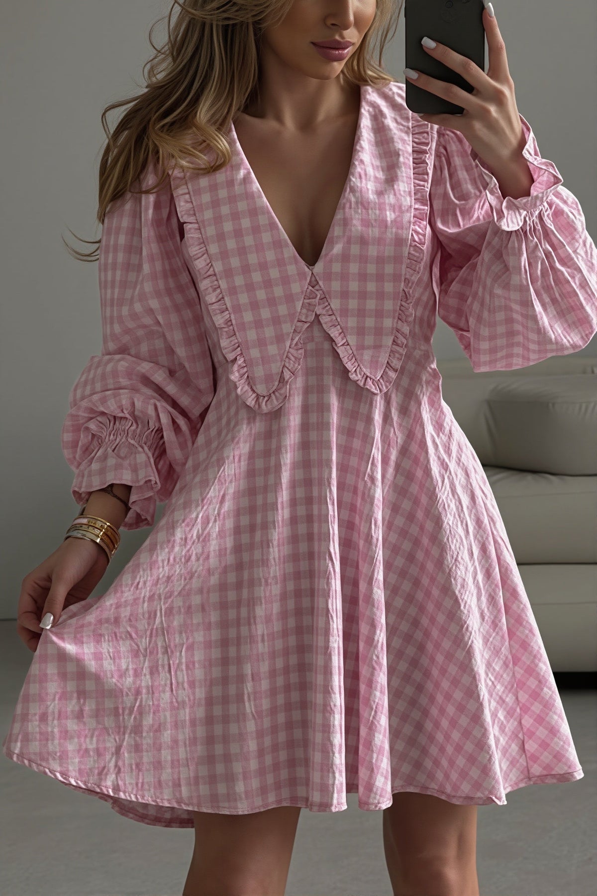 Gingham Oversized Collar Puff Sleeve Mini Dress