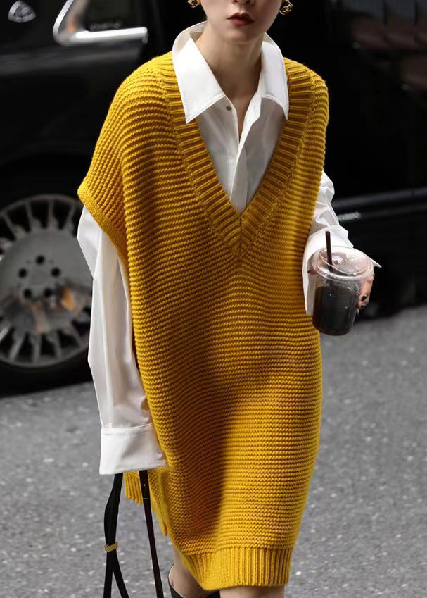 Oversized Knit Deep V-Neck Sleeveless Side Slit Mini Dress - View 3