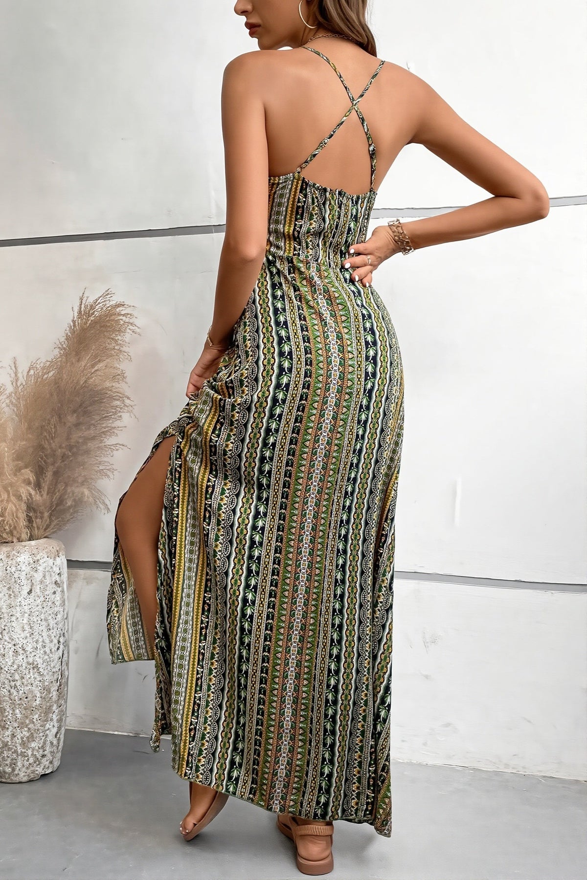 Boho Border Print V-Neck Strappy Maxi Beach Dress
