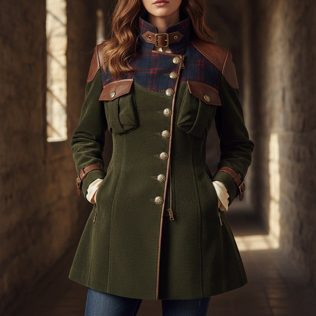Forest Green Military-Inspired Coat with Plaid and Leather Accents - Fashionpara