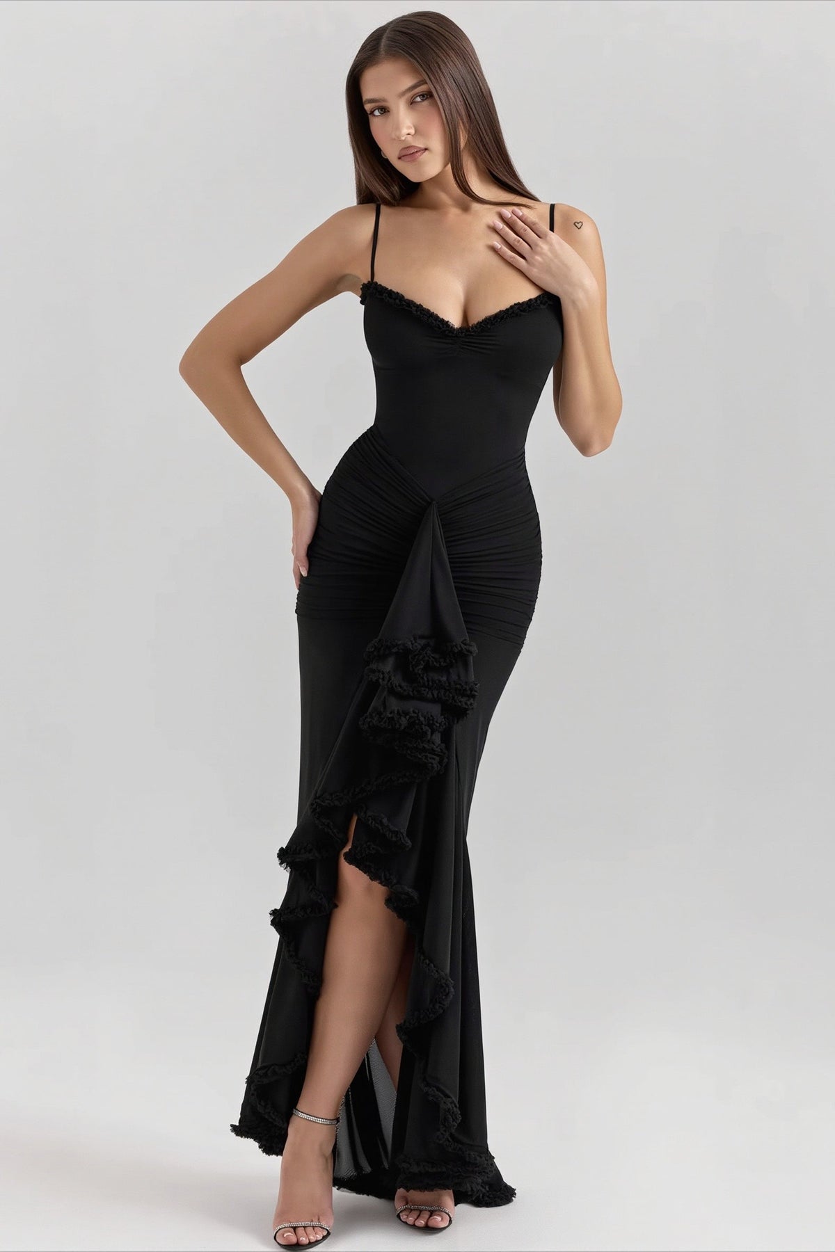 Ruffle Trim Cowl Neck Bodycon Maxi Dress