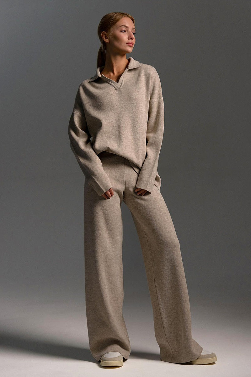 Polo Collar Knit Pullover Wide-Leg Pants Two Piece Set