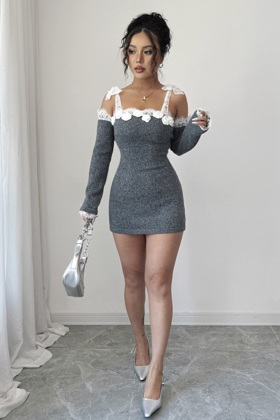 Lace Trim Off Shoulder Sweater Dress - View 3
