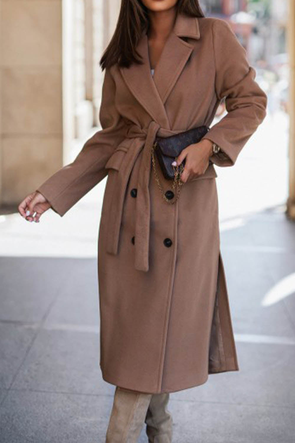 Simple Long Sleeve Suit Collar Lace Up Woolen Coat - Fashionpara