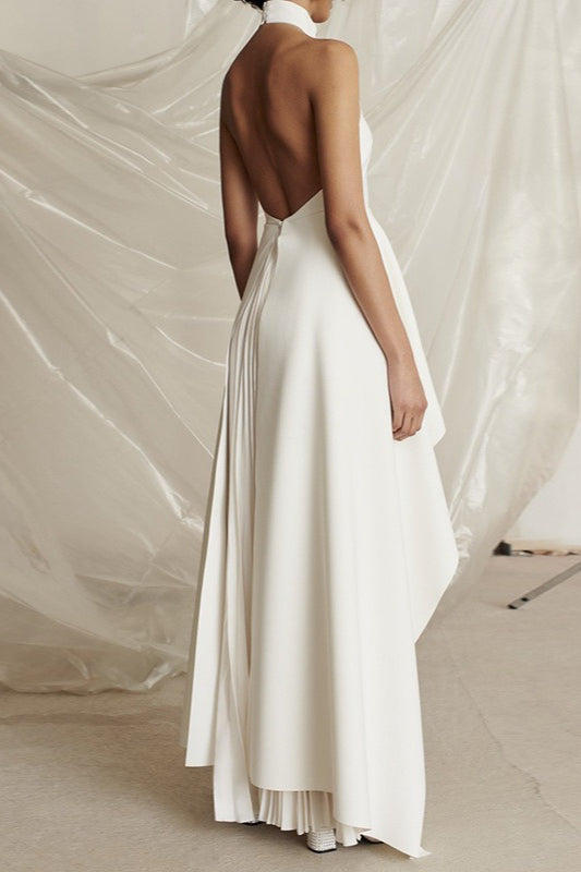 Halter Neck Asymmetric Overlay Pleated Maxi Gown 4