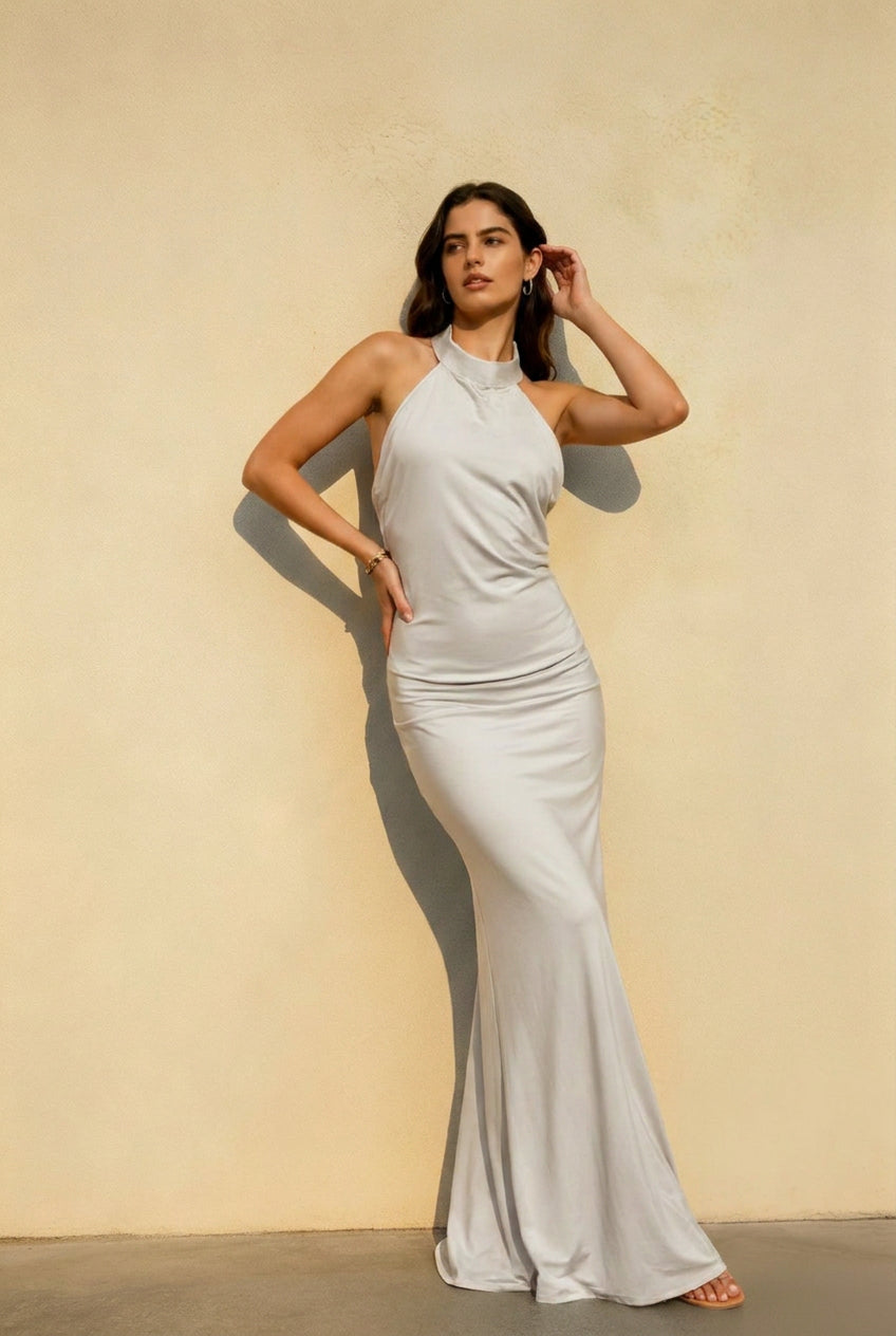 Satin Mock-Neck Halter Backless Bias Mermaid Gown