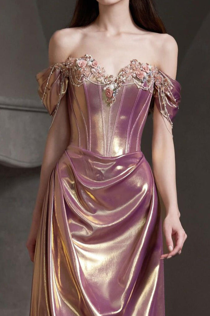 Off Shoulder Sweetheart Ruched High Split Mermaid Gown in Purple - View 7
