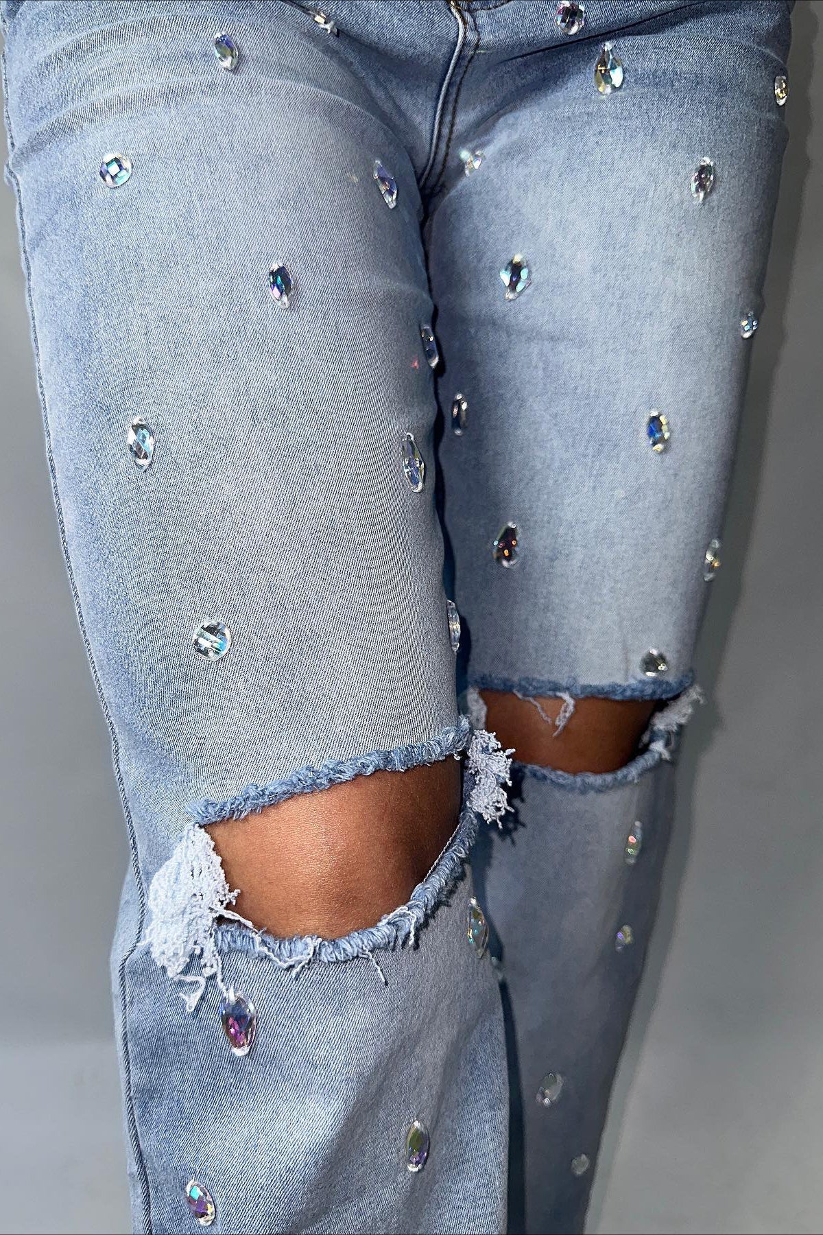 High Waist Rhinestone Ripped Jean