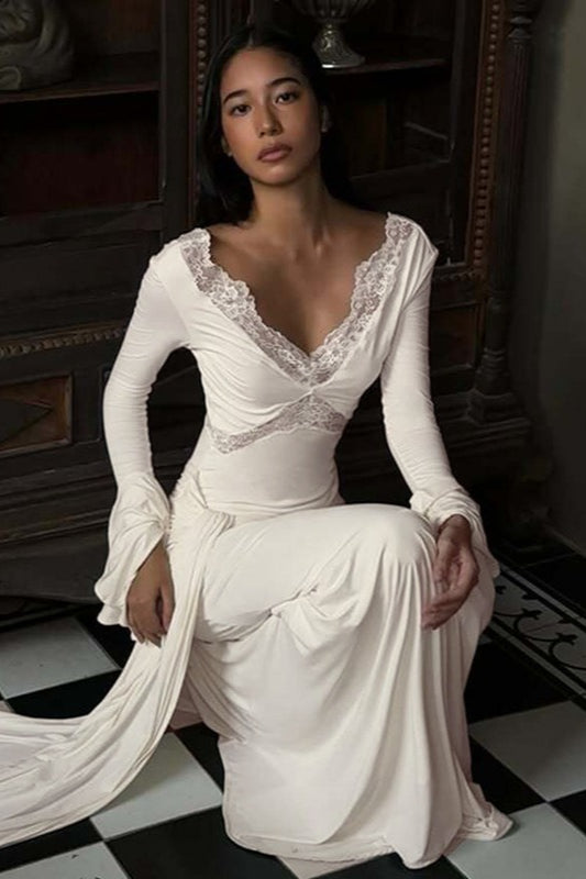 Lace Trim Off Shoulder Bell Sleeve Maxi Dress 4