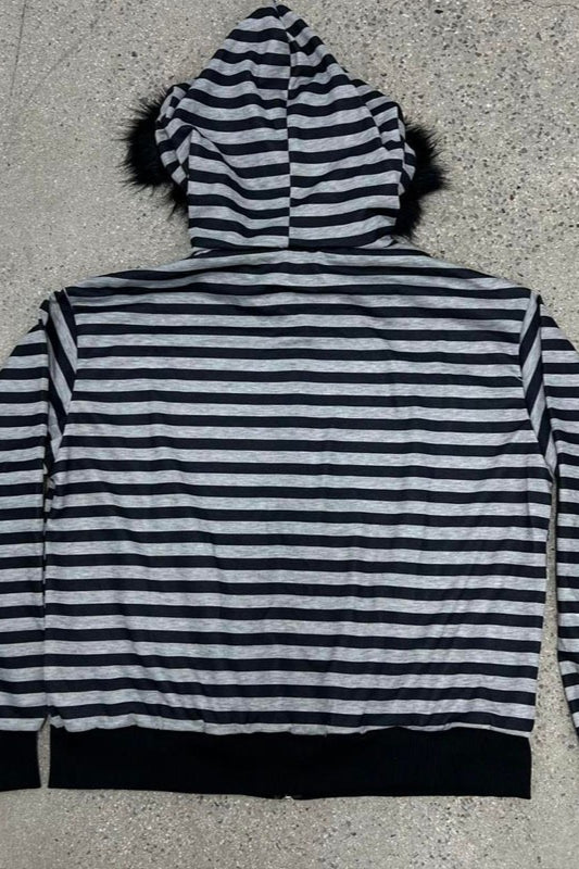 Faux Fur Trim Striped Zip Hoodie 4