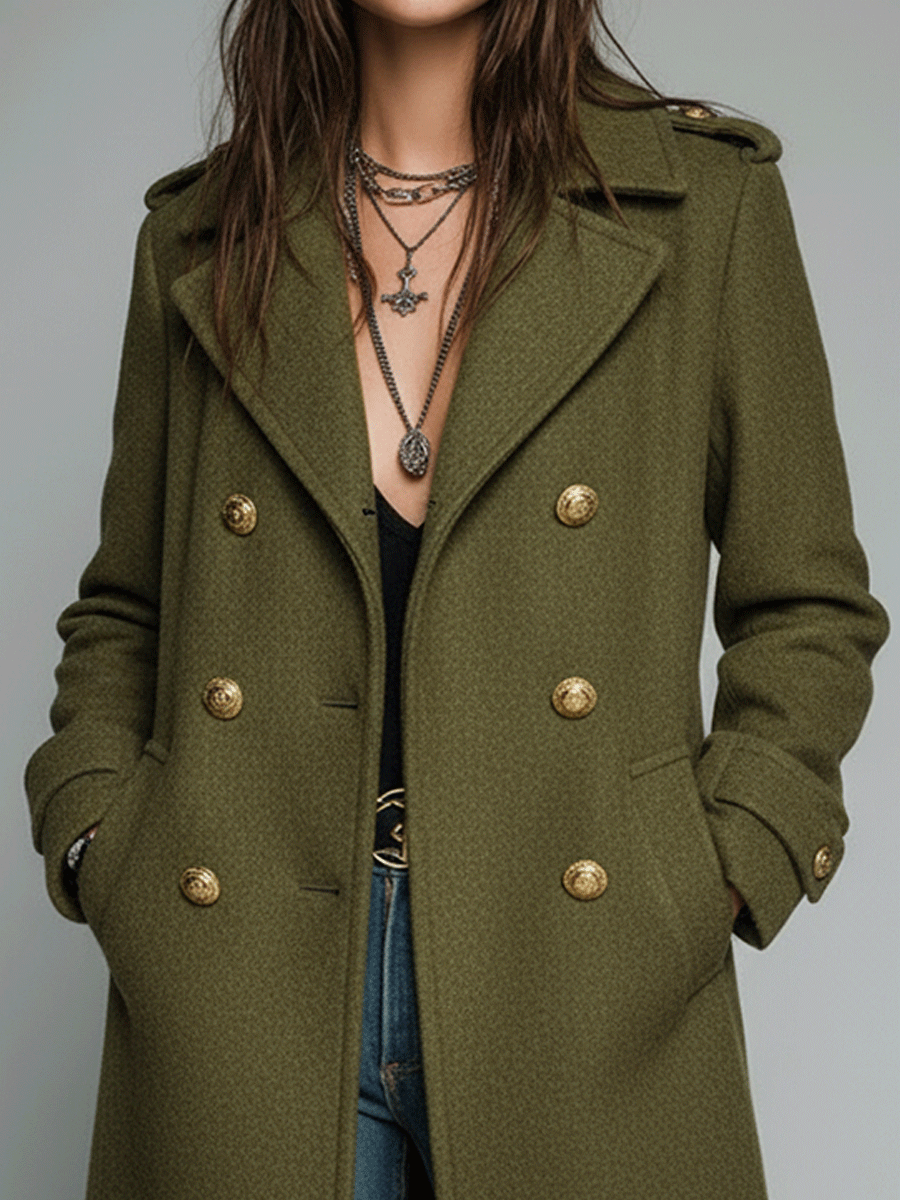 Vintage Olive Green Long Wool Blend Gold Buttons Trench Coat - Fashionpara