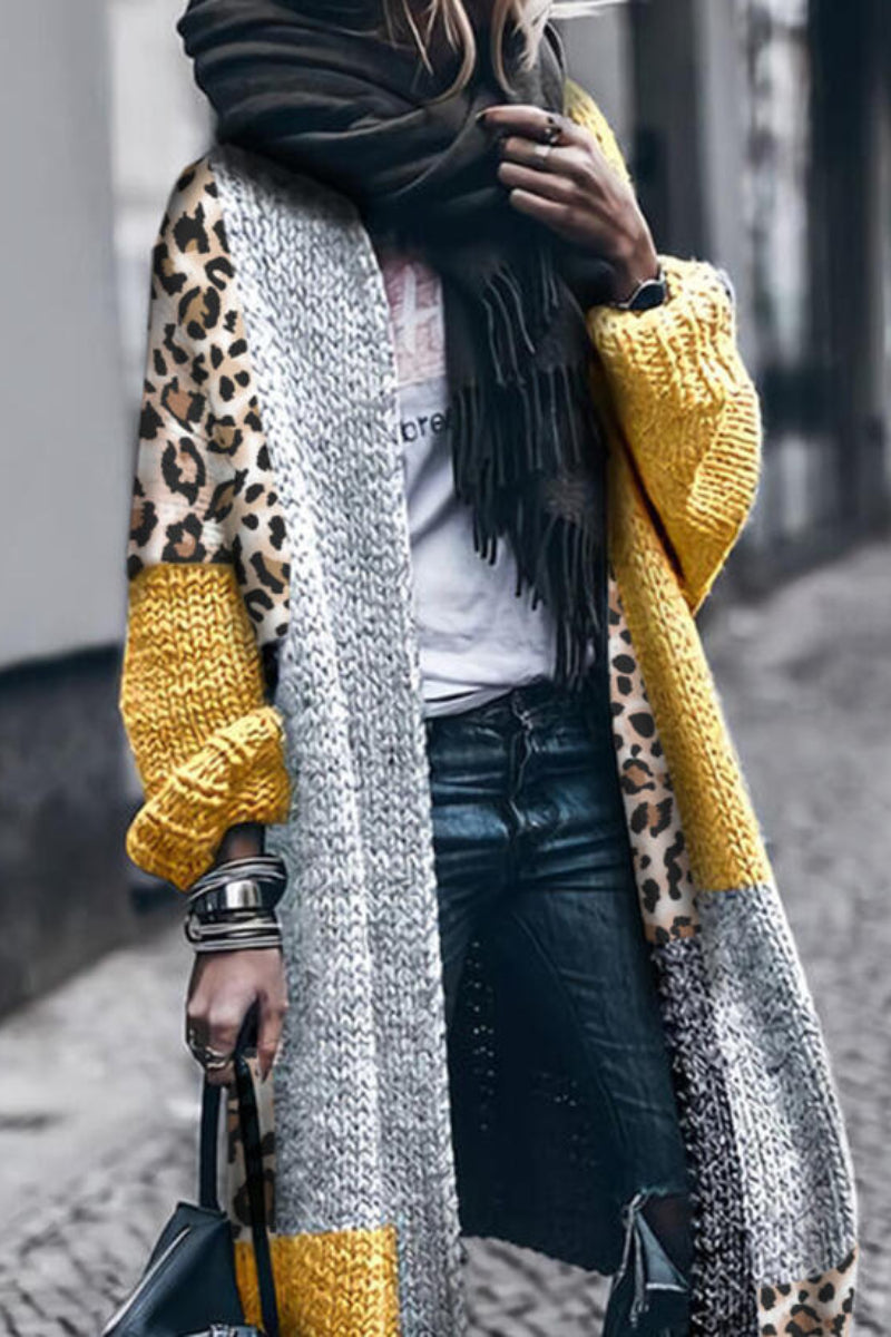 Color Block Leopard Casual Long Cardigan  Fashionpara