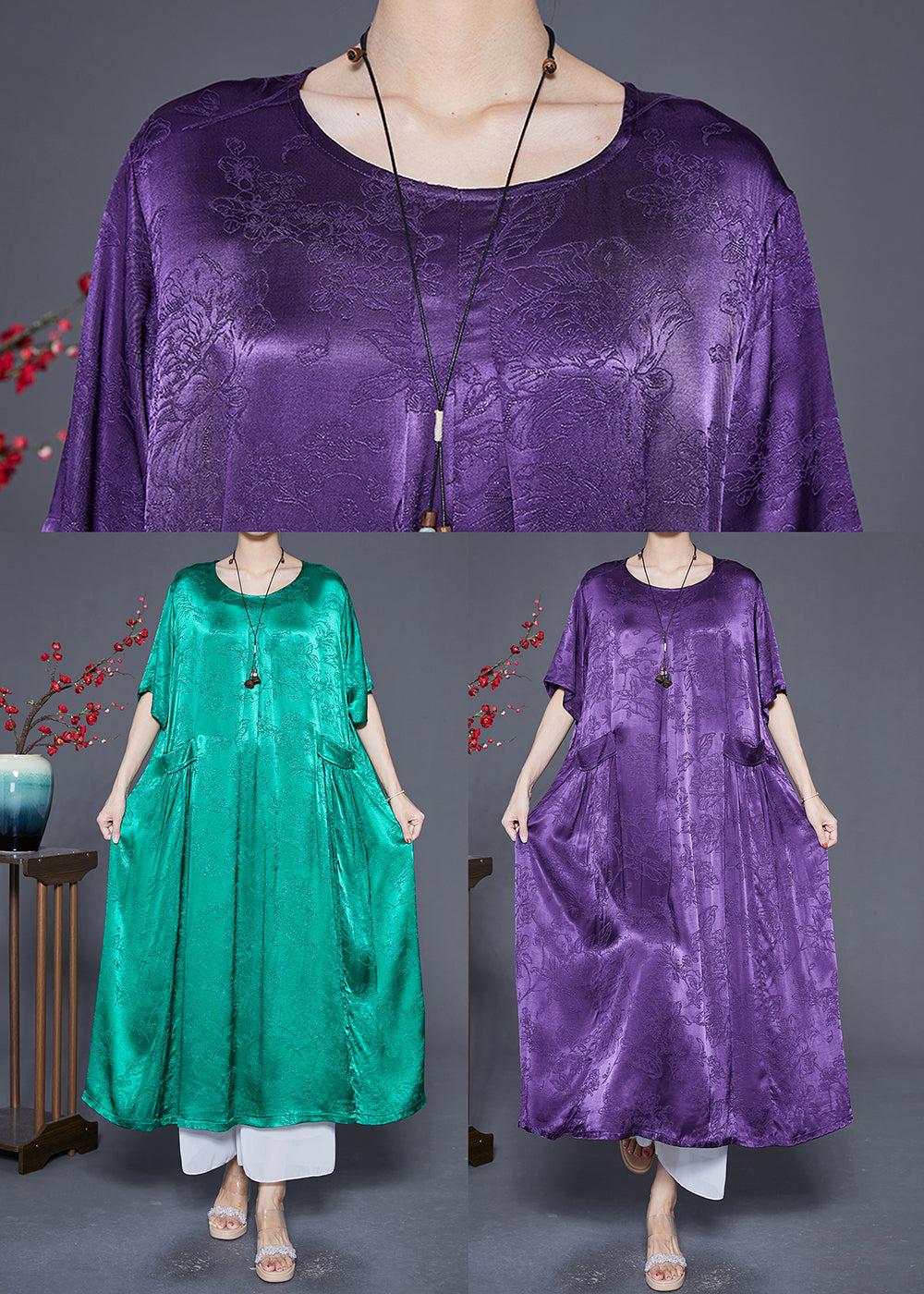 Jacquard Floral Patch Pocket Short Sleeve Round Neck Maxi Dress - View 5