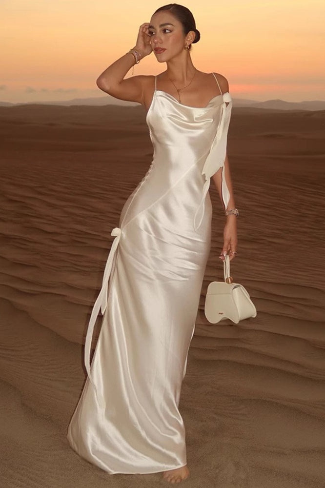 Satin Cowl Neck Spaghetti Strap Low-Back Slip Maxi Dress