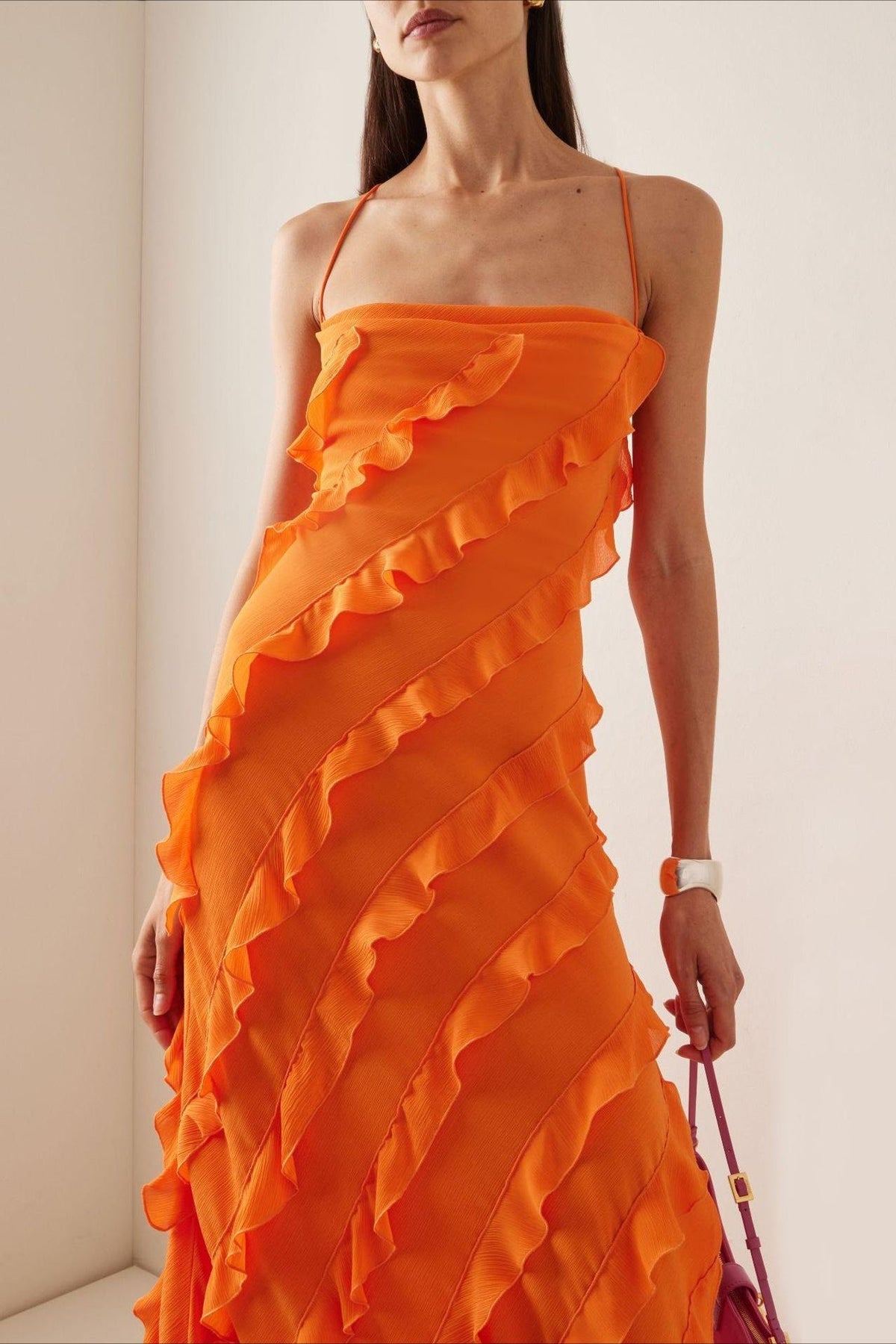 Chiffon Ruffle Spaghetti Strap Bias-Cut Maxi Dress