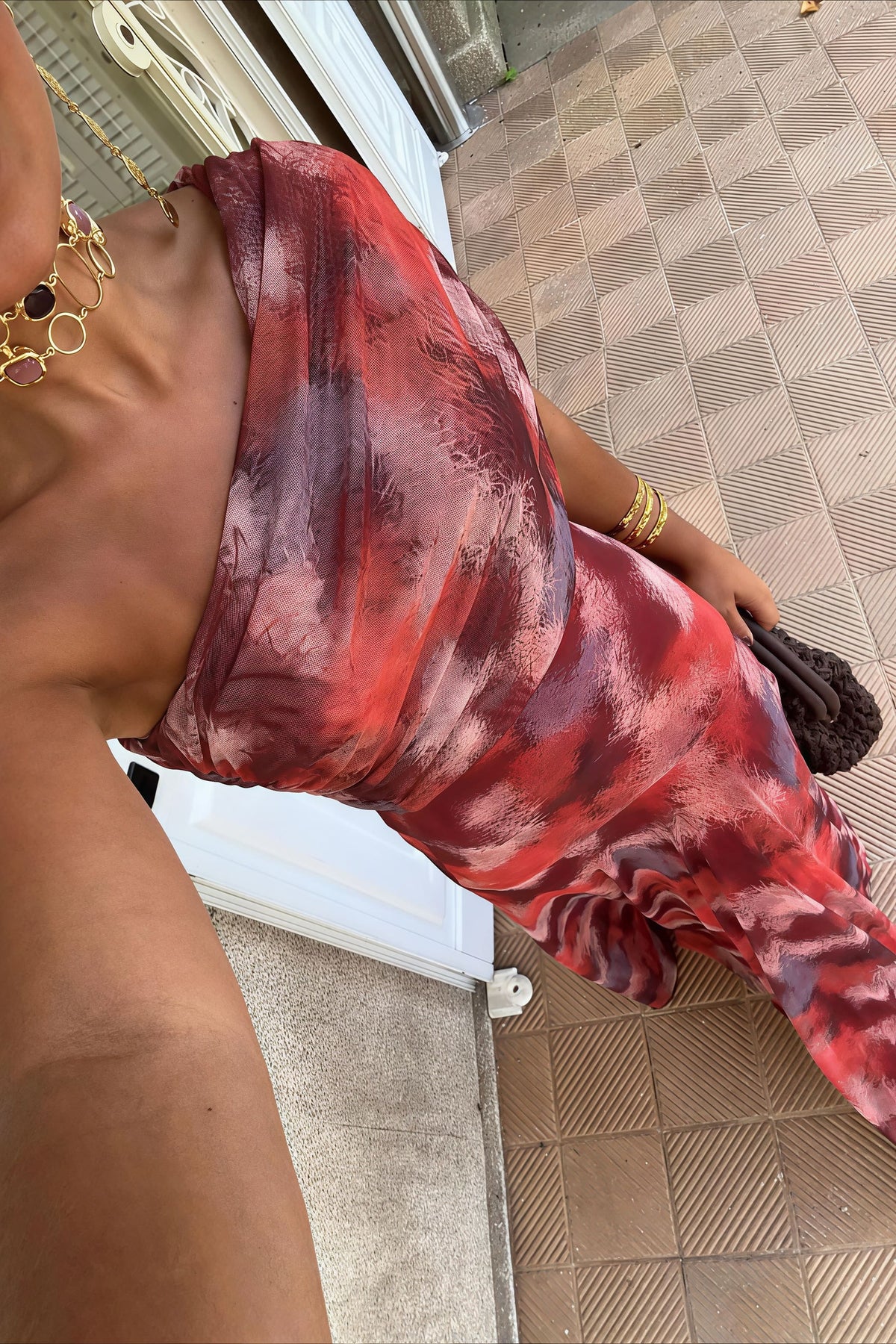 Feather Print One Shoulder Chiffon Maxi Gown 3