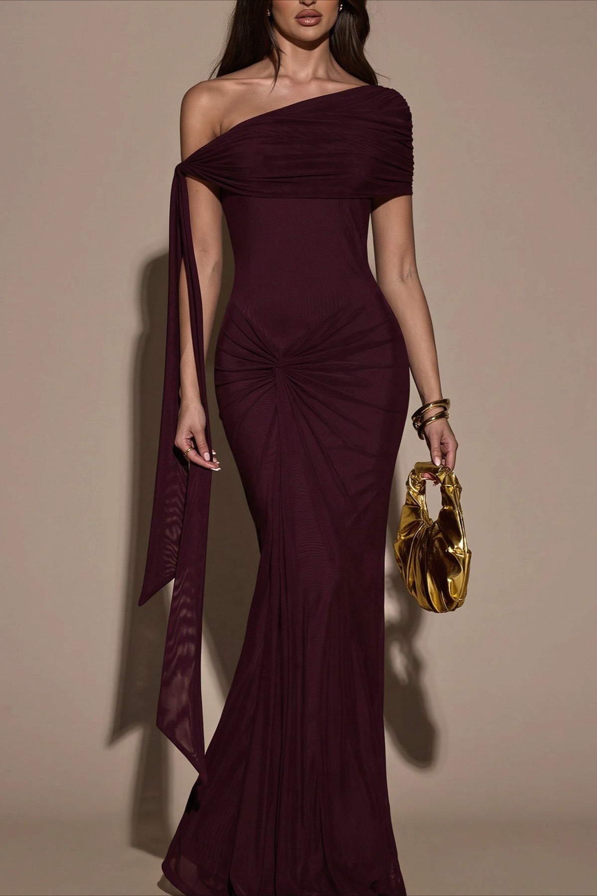 One Shoulder Draped Ruched Twist-Front Dress