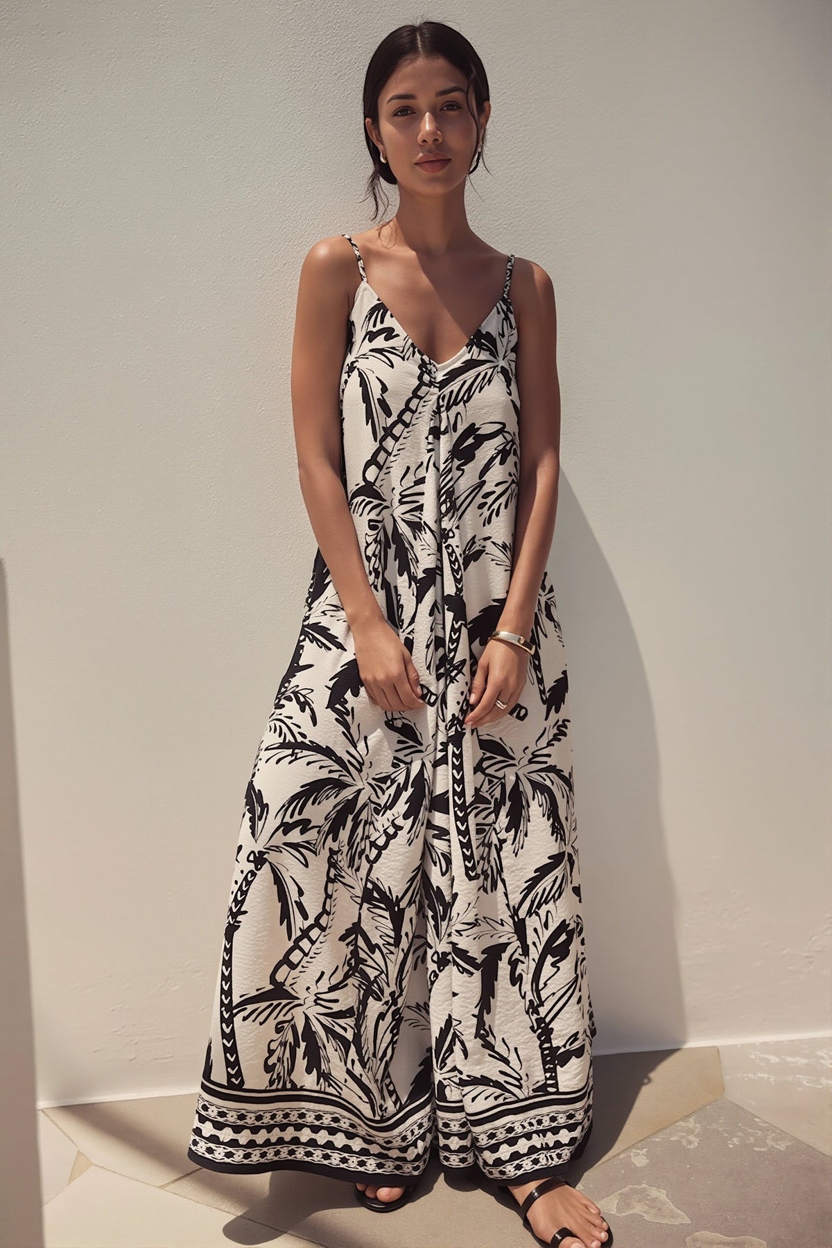 Palm Print V-Neck Wide Leg Jumpsuit