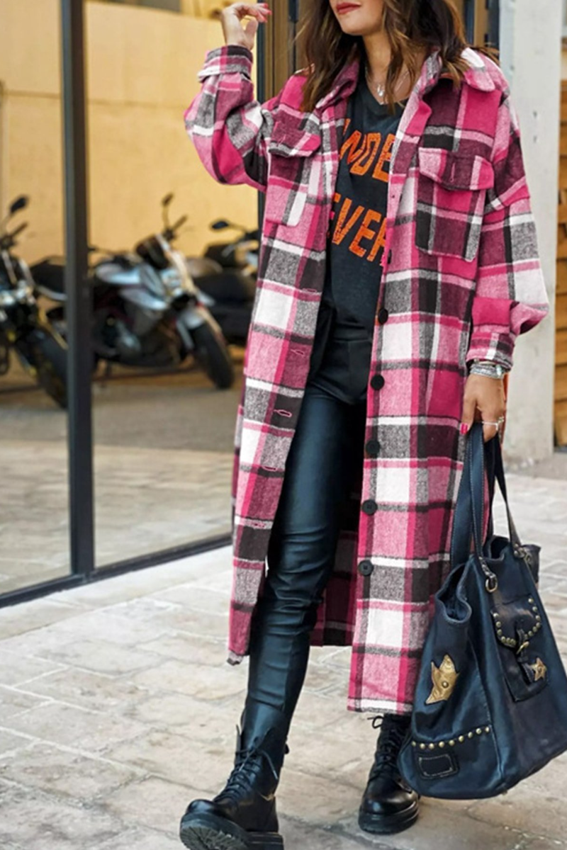 Lapel Plaid Slit Long Woolen Coat
