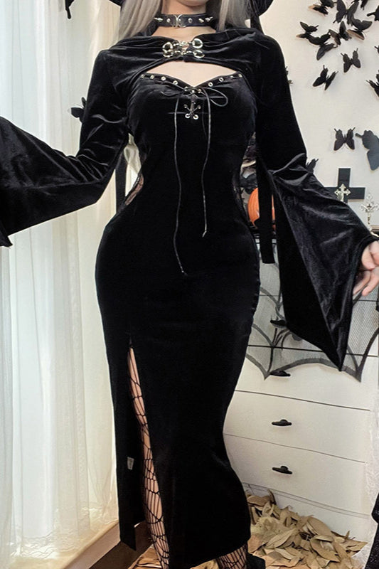 Dark Spiderweb Hooded Flare Gothic Dress