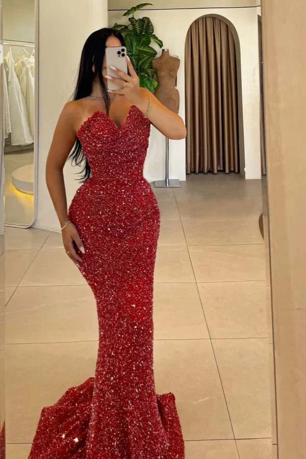 Red Beaded Sequins Mermaid Evening Dress ZT0404