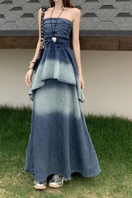 Ombre Strapless Denim Dress