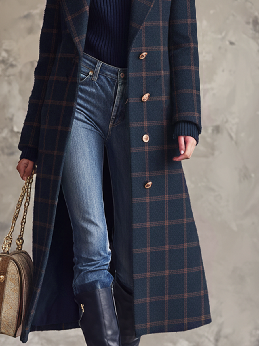 Retro Metal Button Plaid Long Coat - Fashionpara