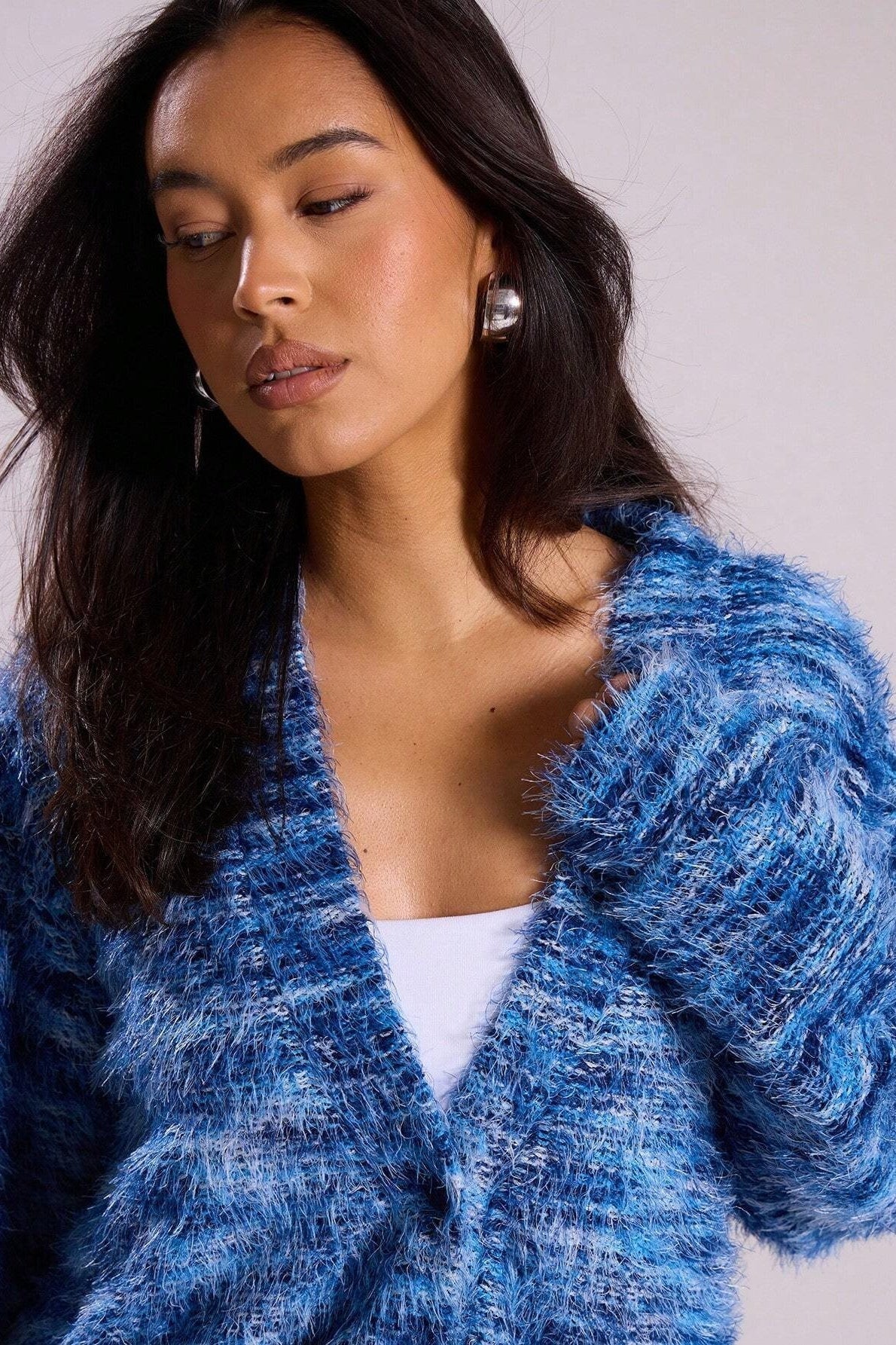 Deep V-Neck Plush Knit Cardigan for Retro Fashion Lovers