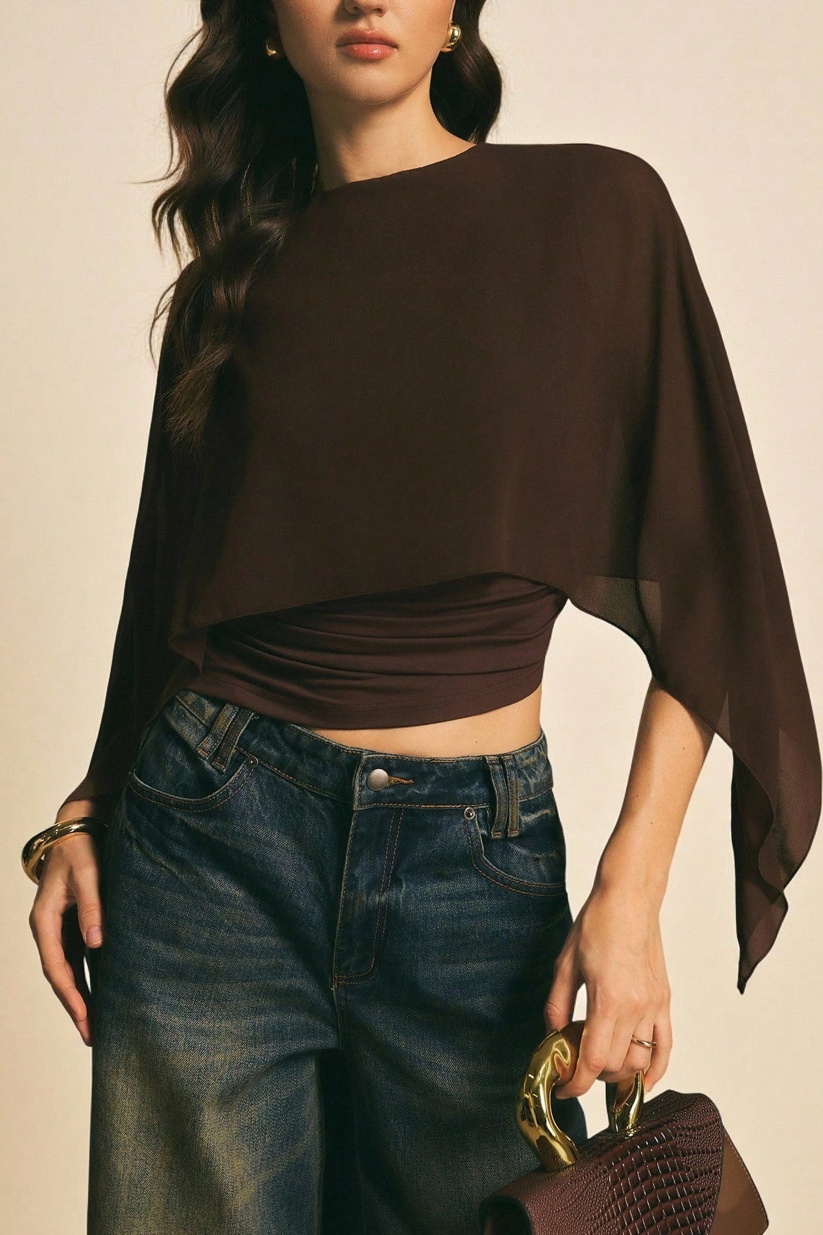 Chiffon Cape Sleeve Irregular Hem Blous 2