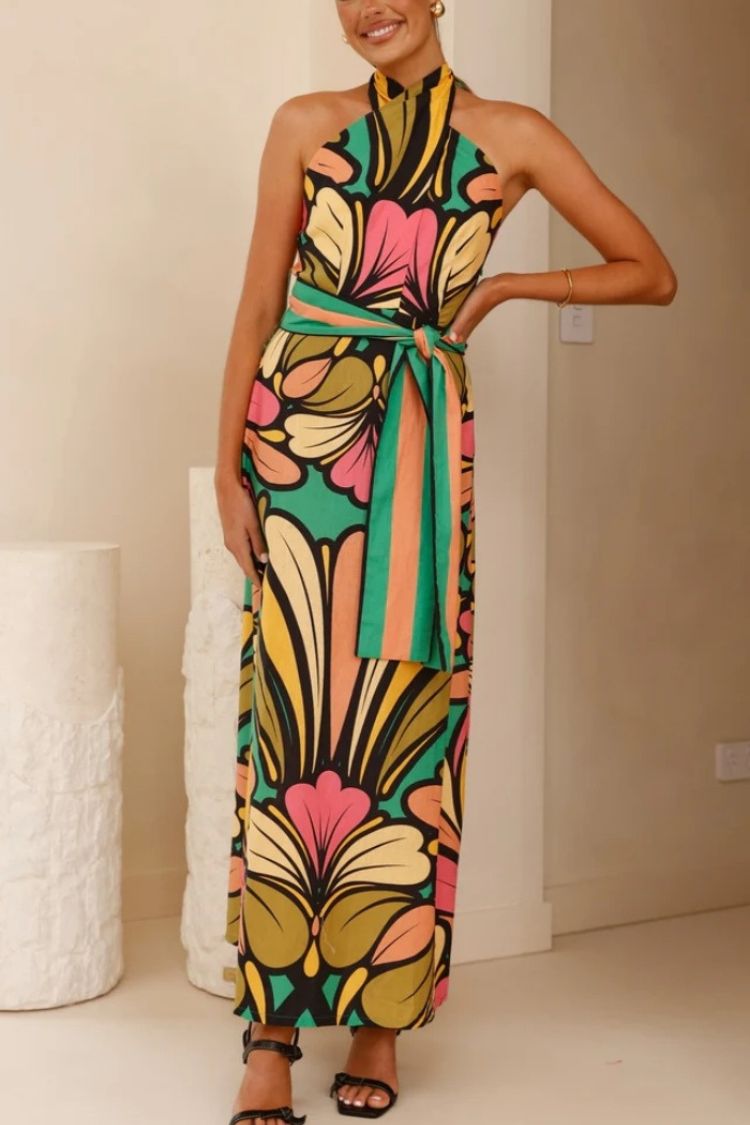 Unique Print Halter Neck Tie Backless Holiday Maxi Dress - Fashionpara