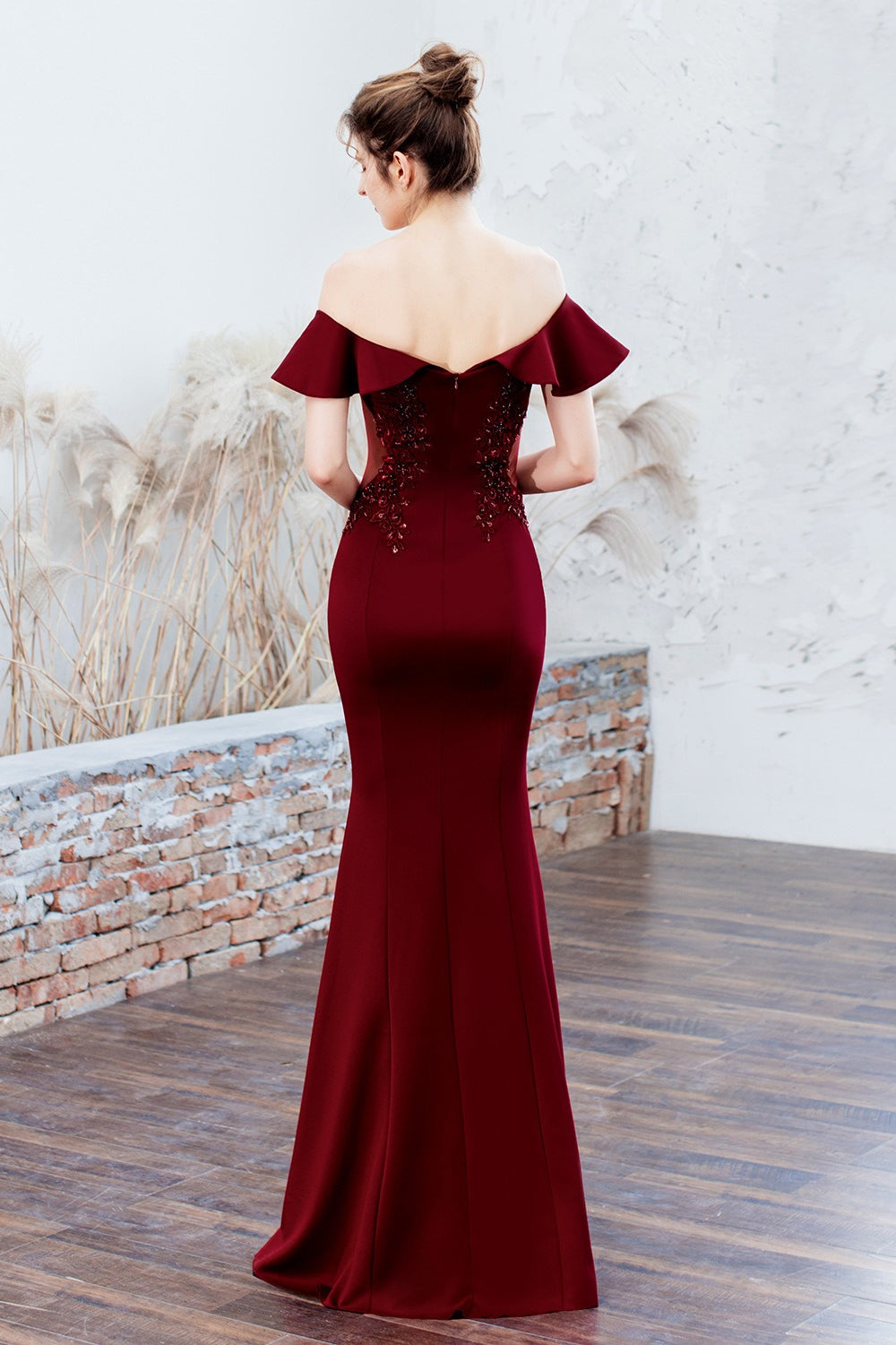 Off Shoulder Ruffle Beaded Mermaid Formal Gown - View 9