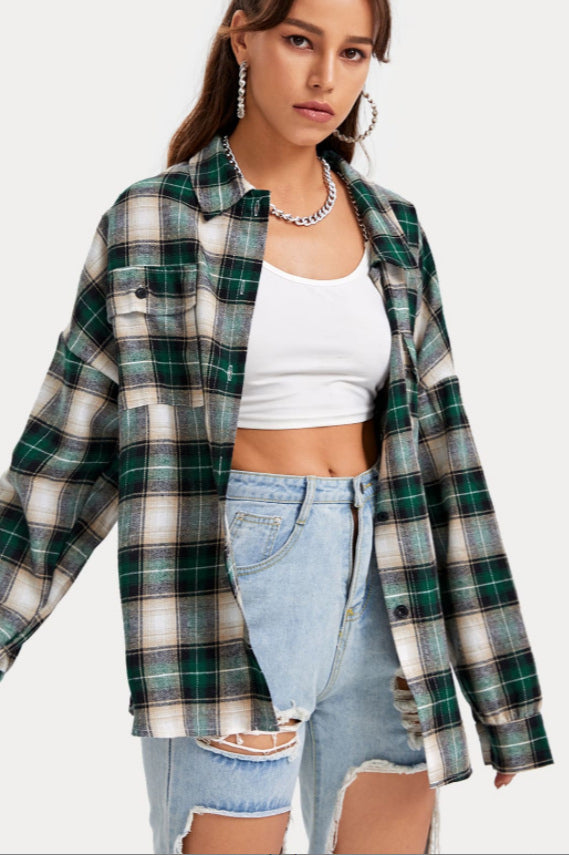 Plaid Stand Collar Button Shirt Blouse - Fashionpara