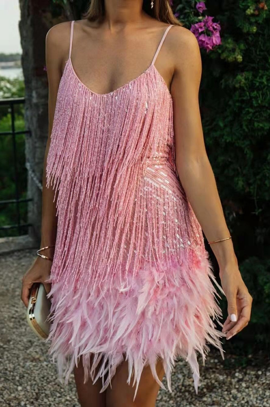 Sequin Fringe Spaghetti Strap Feather Hem Mini Dress