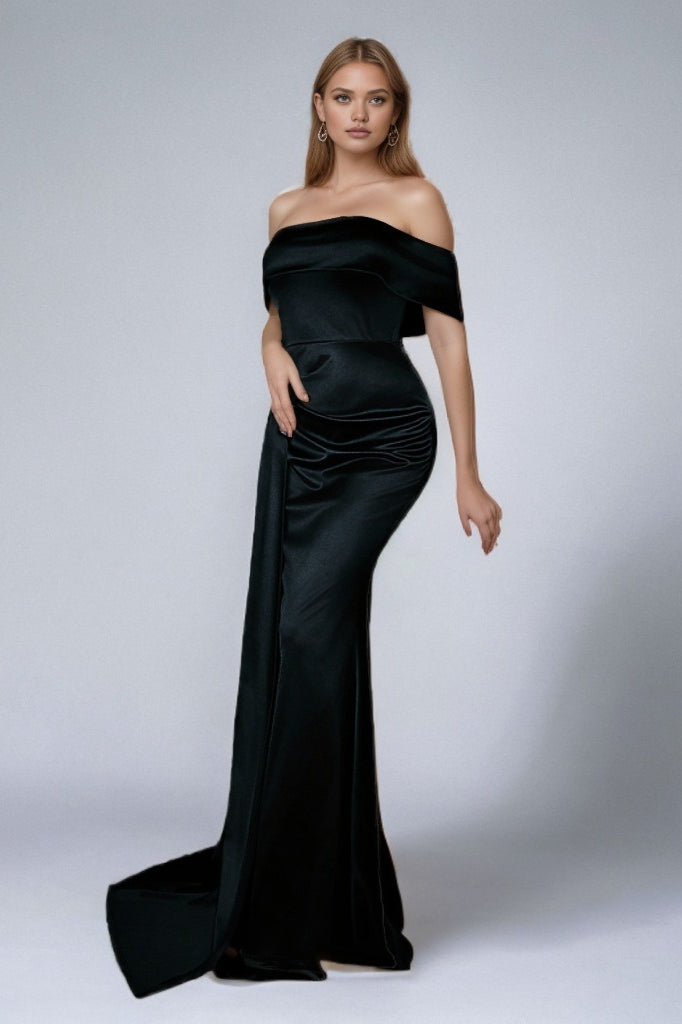 Satin Off Shoulder Ruched High Split Maxi Formal Gown - View 11