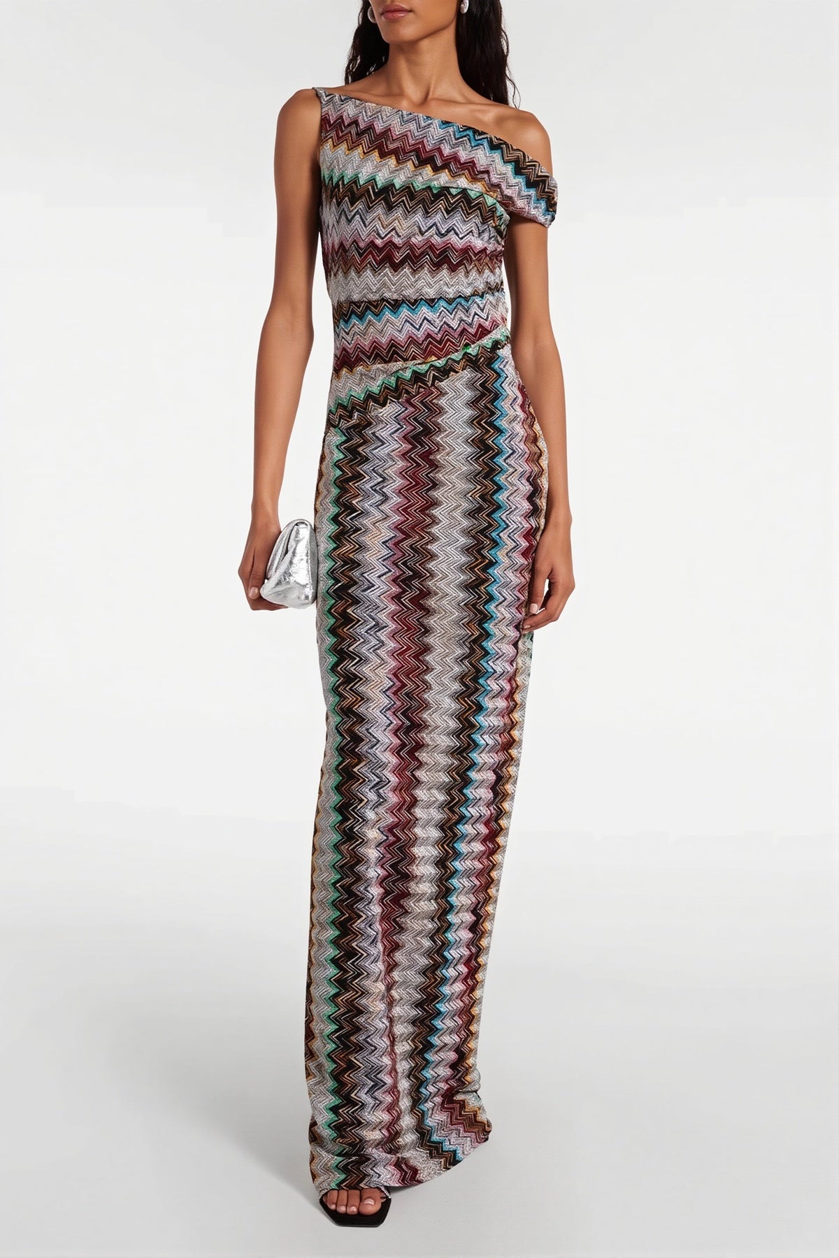 Metallic Chevron Knit One Shoulder Maxi Gown