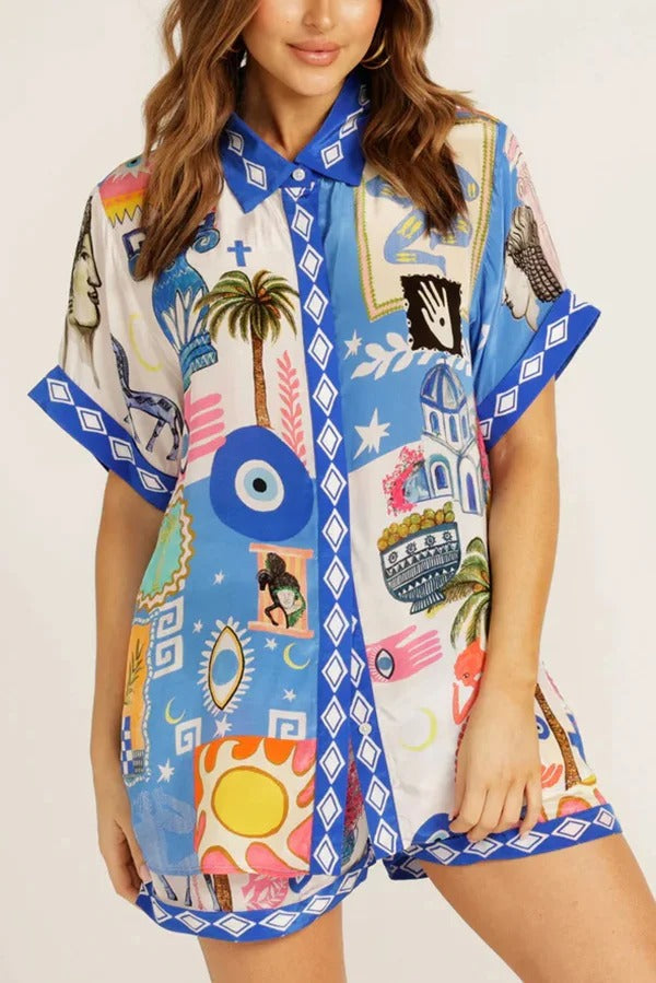 Unique Printed Short-sleeved Casual Loose Shirt and Elastic Waist Drawstring Pocket Shorts Set - Fashionpara