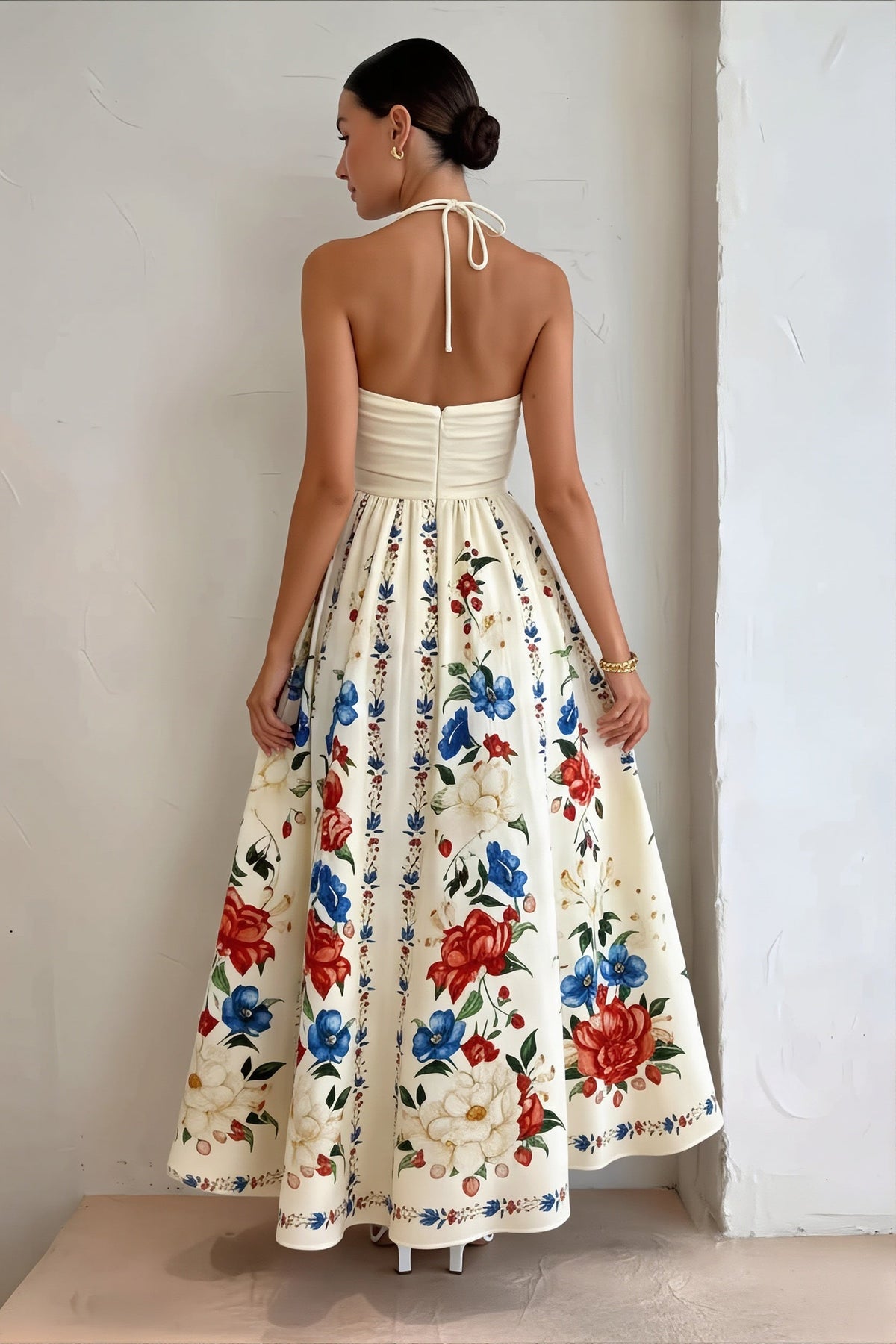 Floral Print Halter Neck Full Skirt Maxi Dress