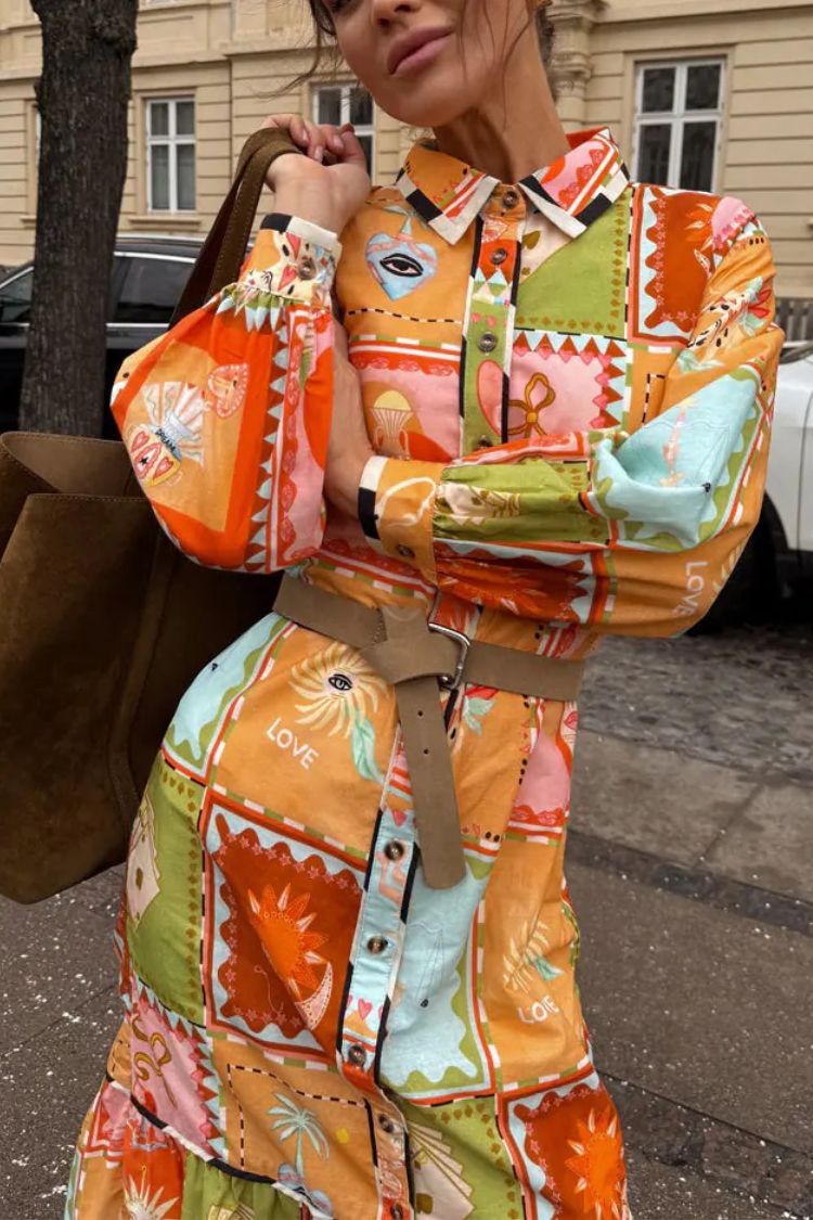 Linen Blend Unique Printed Long Sleeve Lapel Tie-waist Midi Dress - Fashionpara