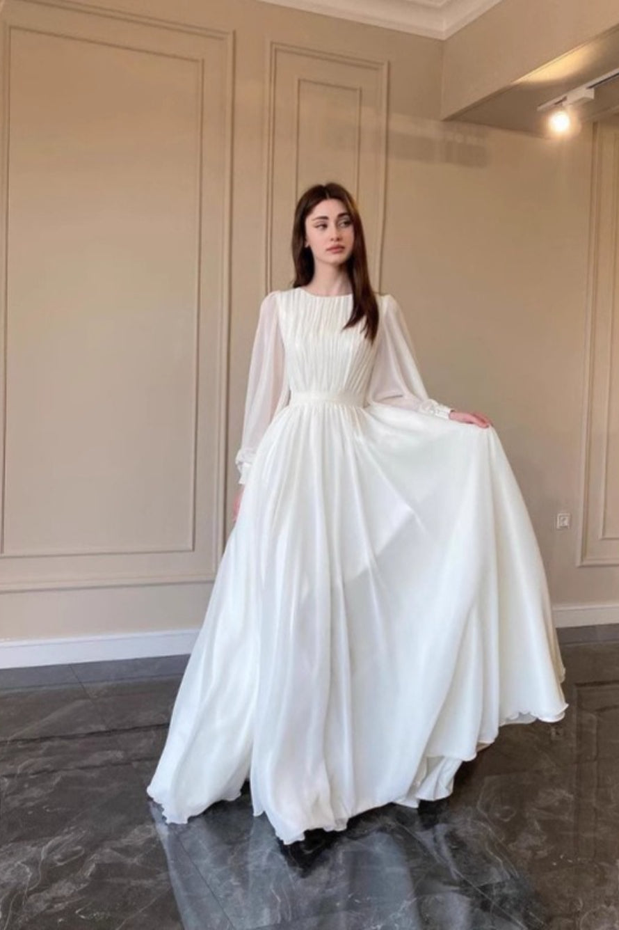 Chiffon Boat Neck Long Sleeve A-Line Gown 3