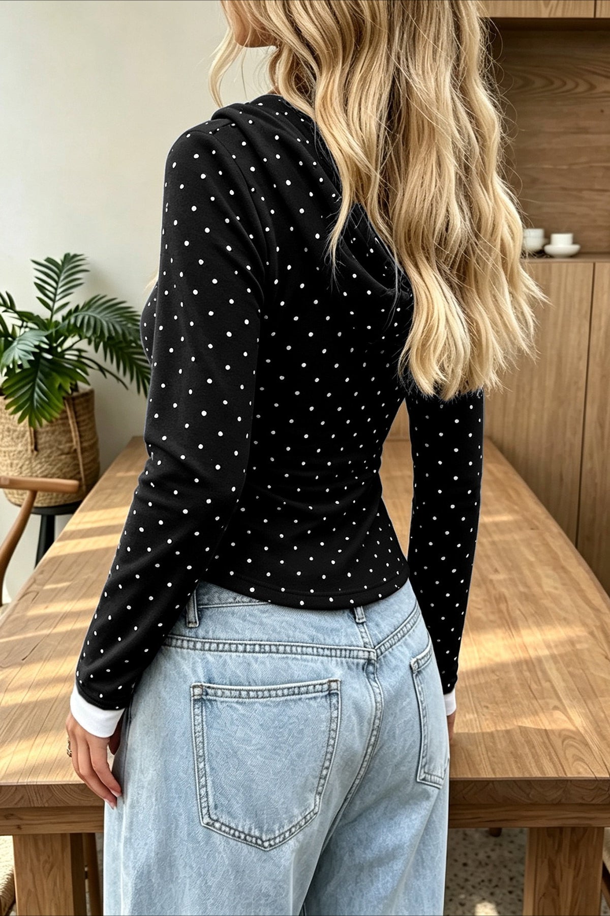 Polka Dot Layered Hem Pullover Hoodie