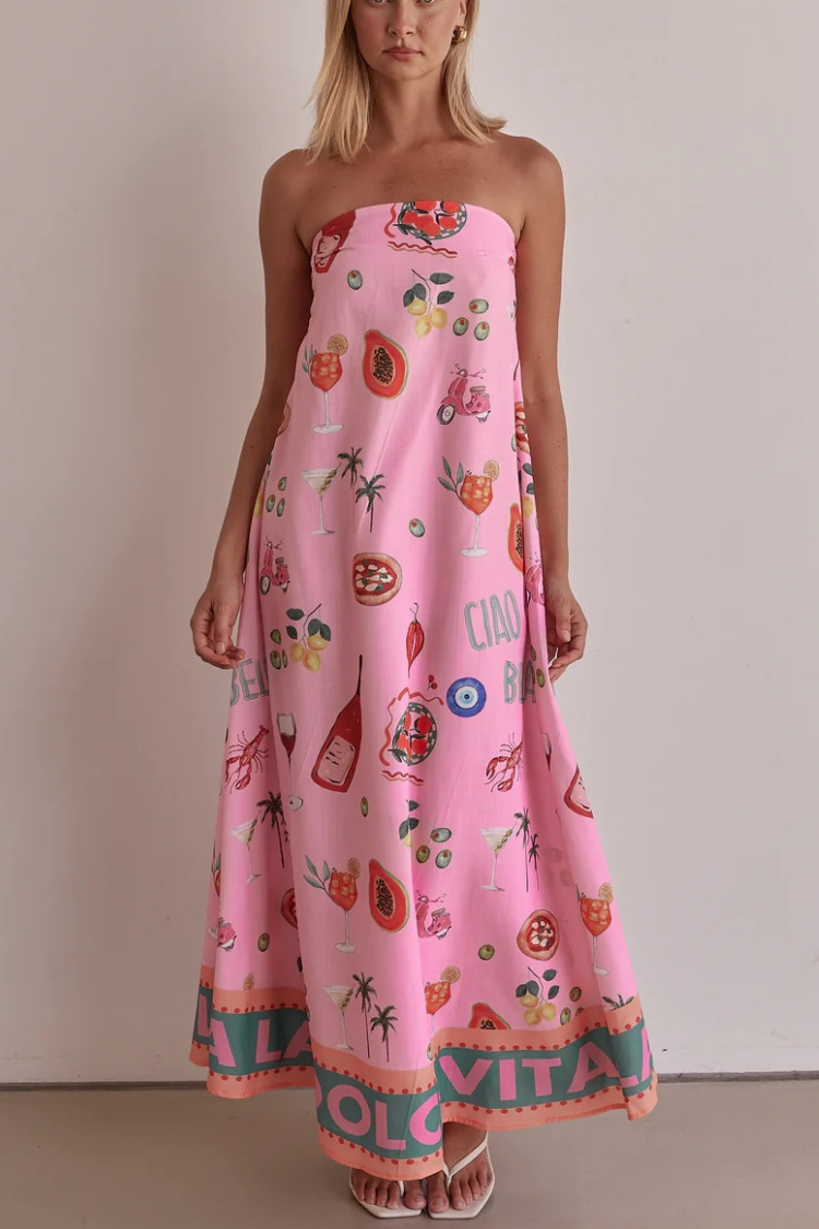 Feeling Fun Linen Blend Unique Print Off Shoulder Loose Maxi Dress - Fashionpara