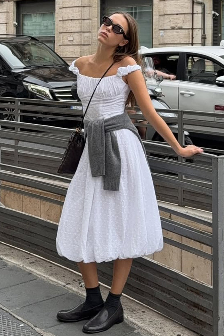 Off Shoulder Ruched Bubble Hem Midi Dress